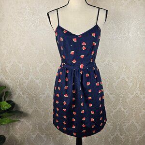 J Crew Factory Sz 4 Navy Blue with Watermelon Print Adj. Spaghetti Strap Pockets
